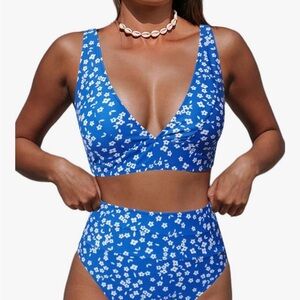 Blue Floral High-Waist Bikini Set
